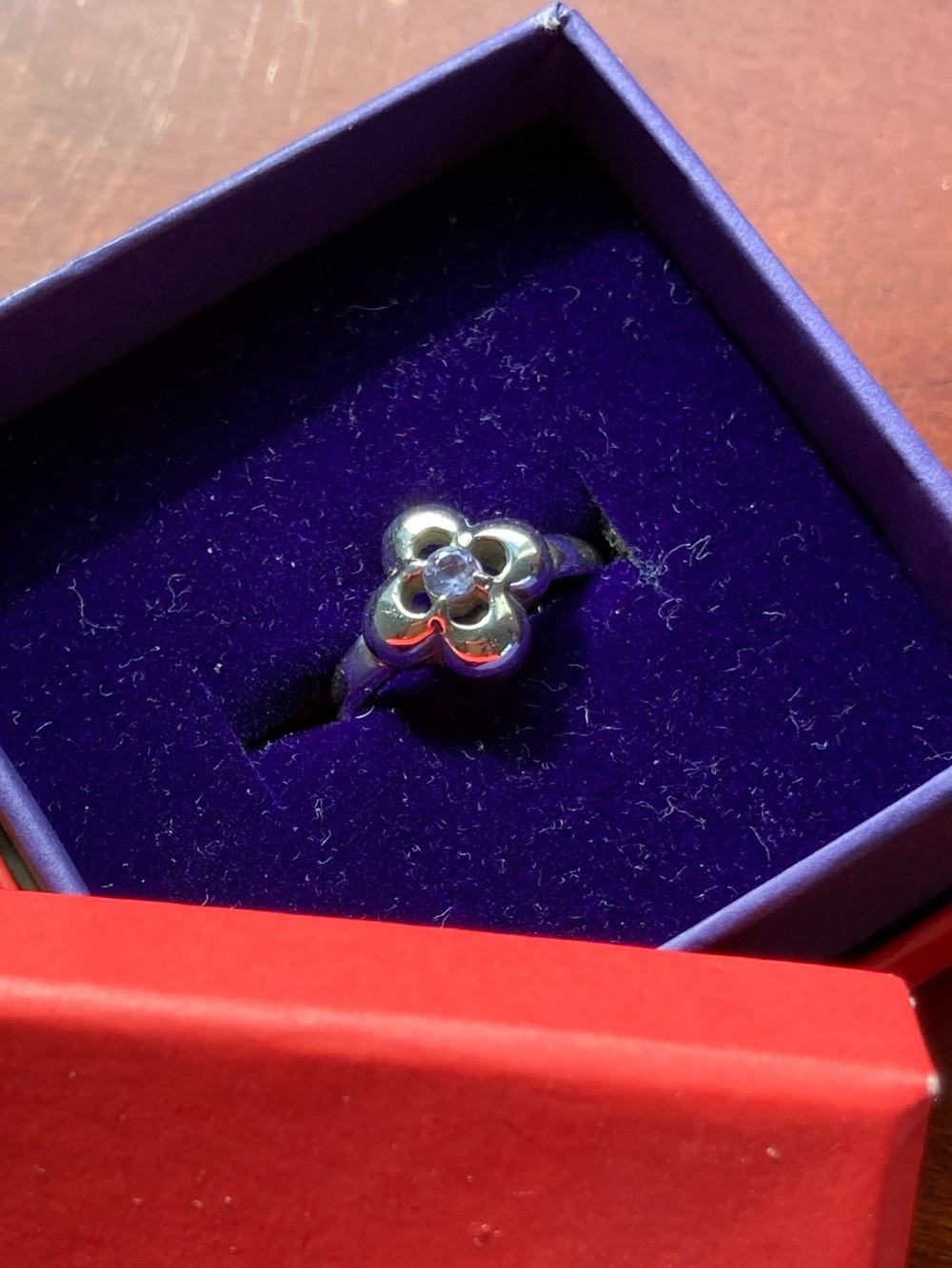 KENZO Silver Flower Motif Ring with Purple Gem